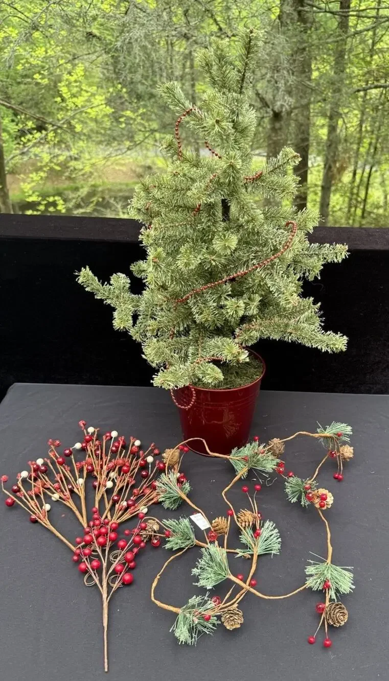 Vintage Miniature Christmas Tree With Ornaments Red Can Base Pier One Imports